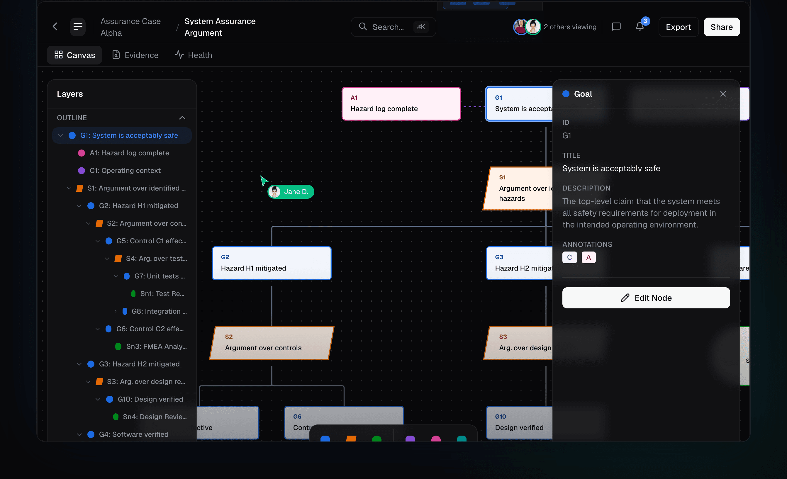 Lemmatica editor preview — assurance case canvas with layers and inspector panels